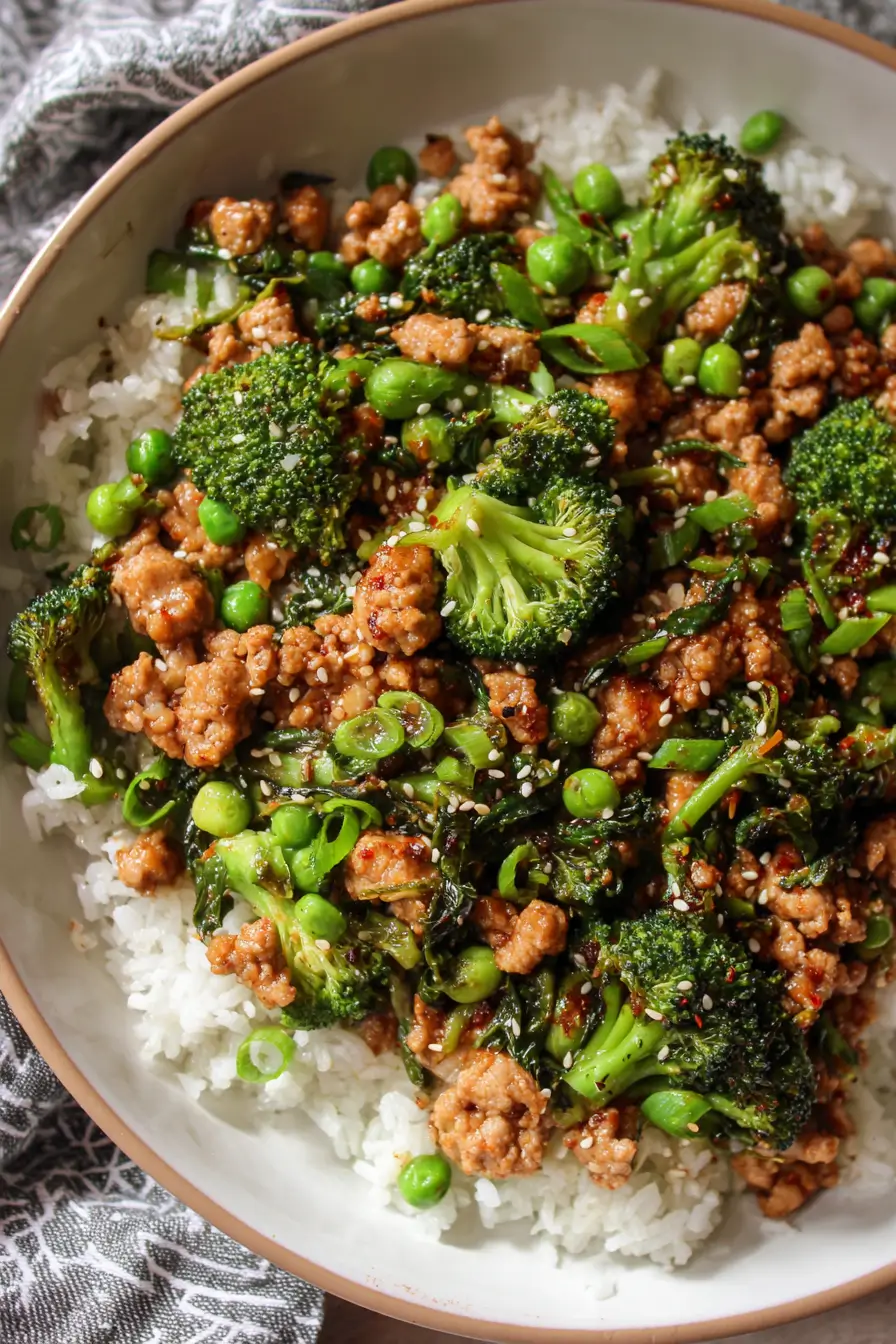 Teriyaki Ground Turkey, Broccoli and Peas