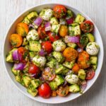 Tomato Cucumber Avocado Salad with Mozzarella and Basil Pesto