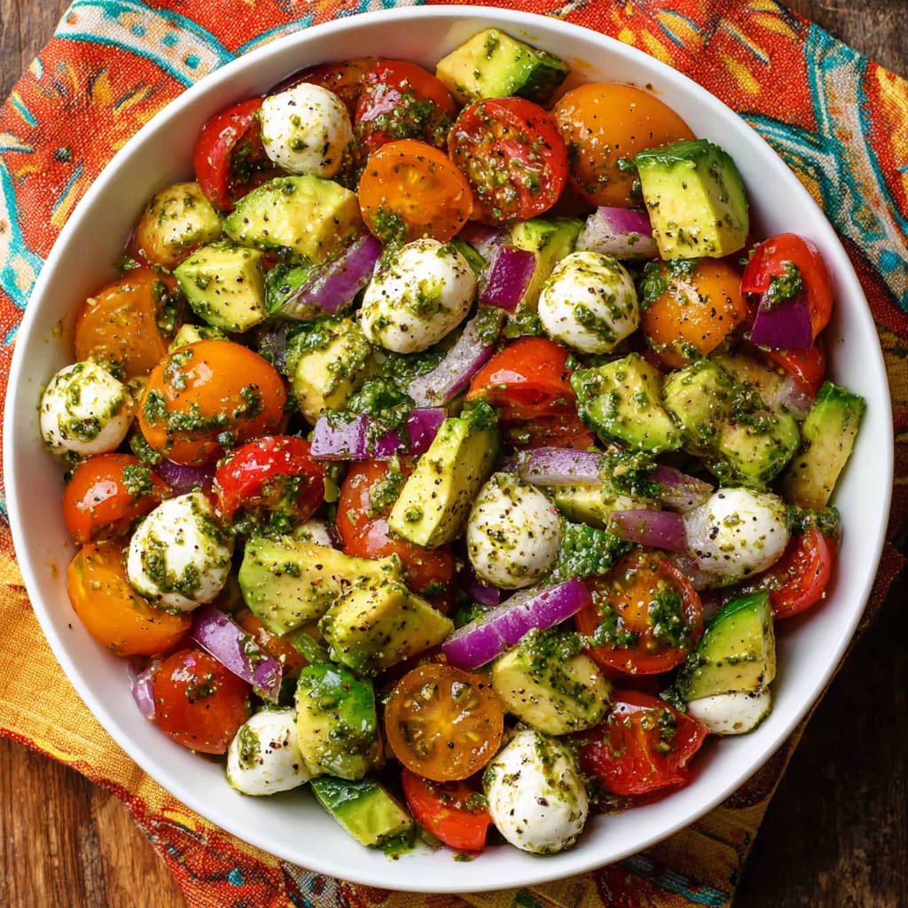 Tomato Cucumber Avocado Salad with Mozzarella and Basil Pesto