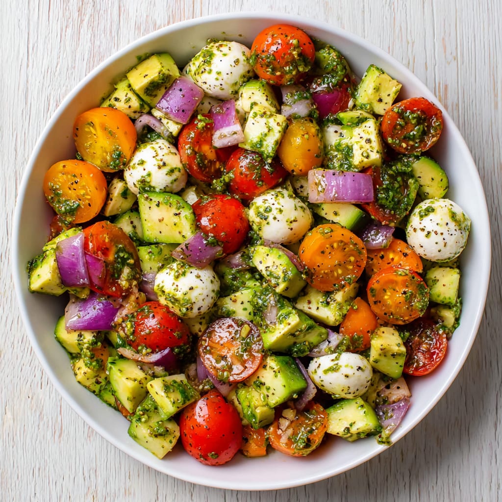 Tomato Cucumber Avocado Salad with Mozzarella and Basil Pesto