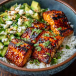 Chipotle Glazed Salmon Bowl with Avocado Feta Salad