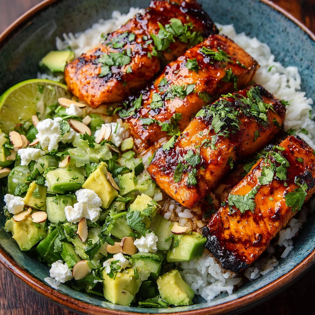 Chipotle Glazed Salmon Bowl with Avocado Feta Salad
