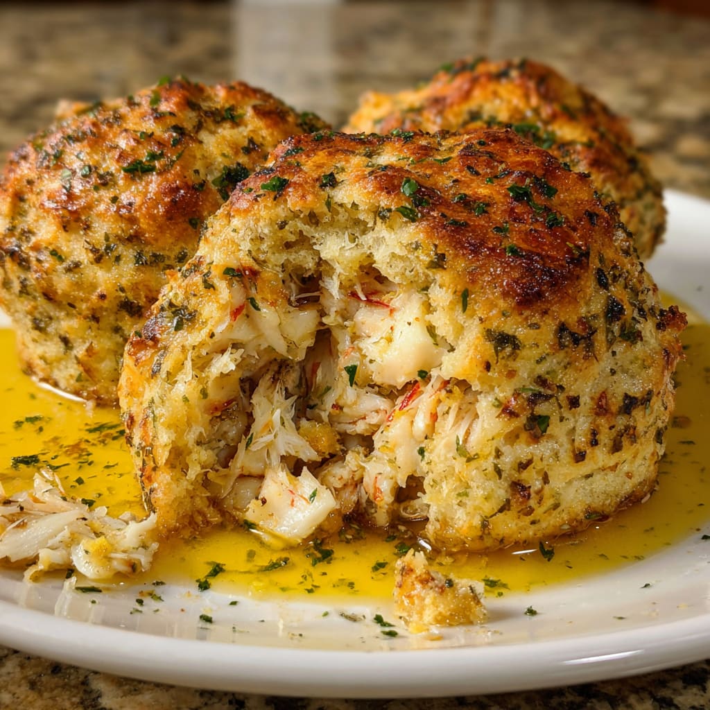 Crab Stuffed Cheddar Bay Biscuits with Lemon Butter