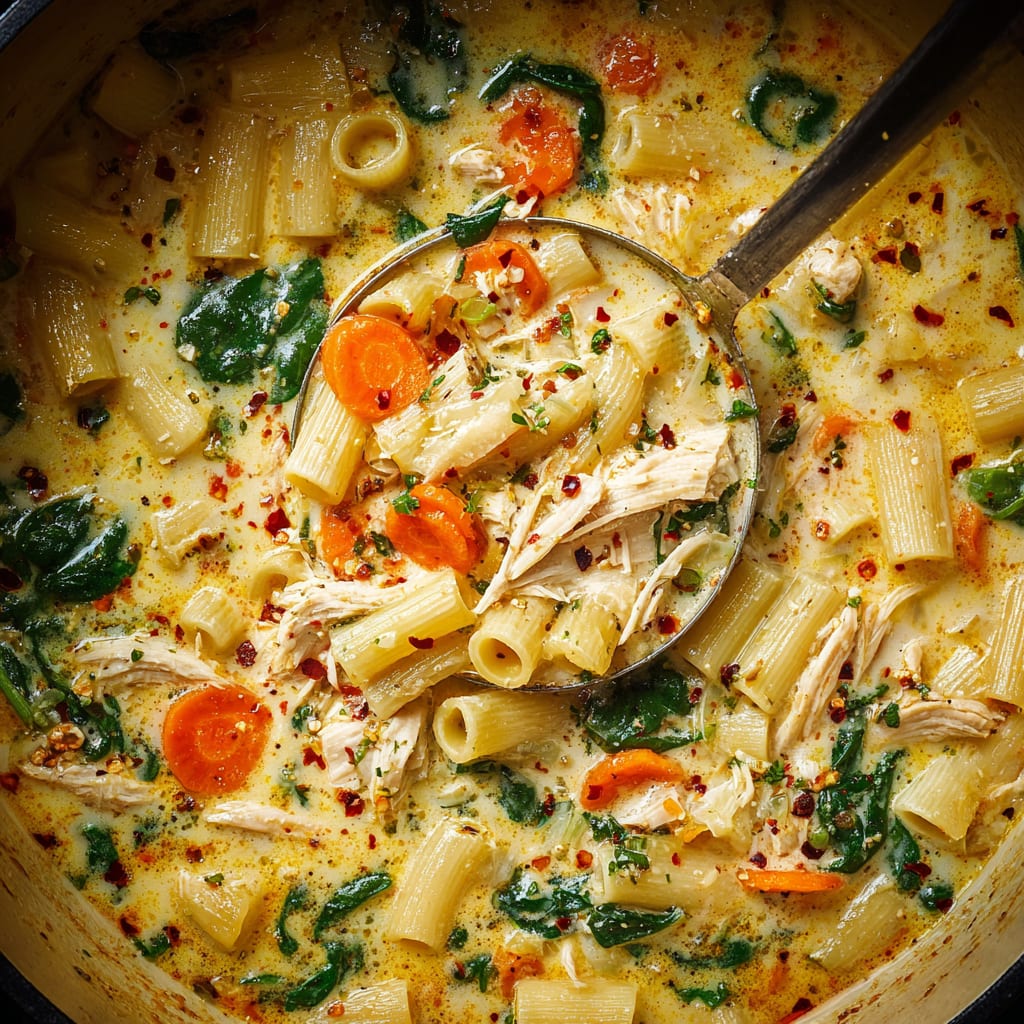 Creamy Chicken Soup with Pasta and Spinach