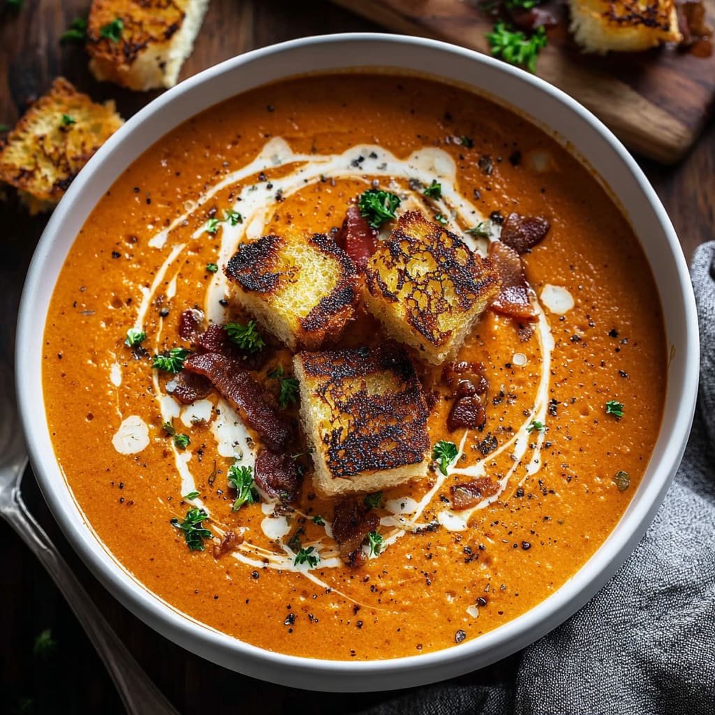 Creamy Tomato Bisque with Grilled Cheese Croutons