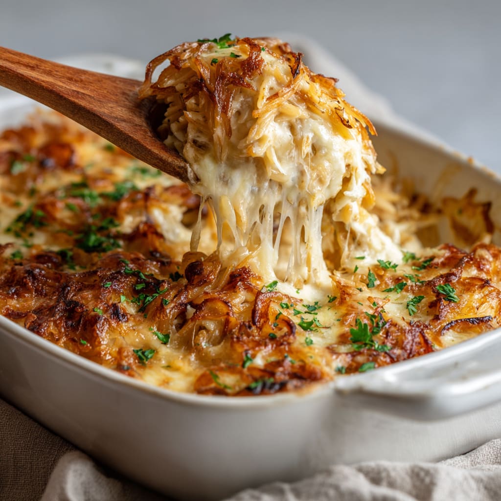 French Onion Chicken Orzo Casserole