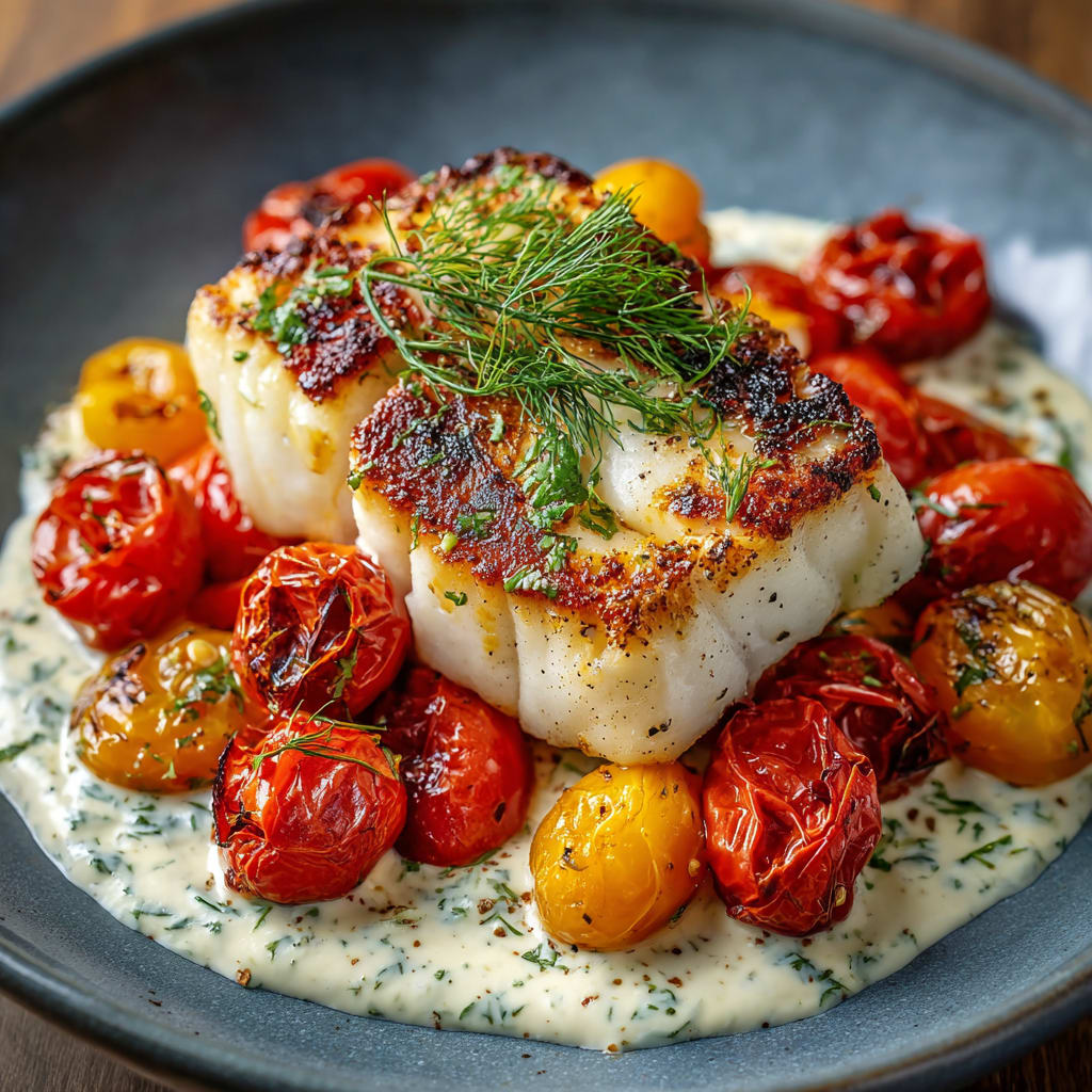Grilled Cod with Roasted Tomatoes & Creamy Dill Sauce
