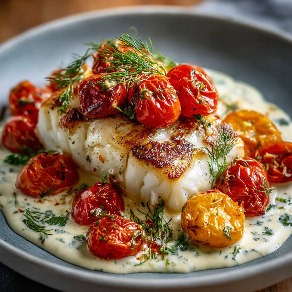 Grilled Cod with Roasted Tomatoes & Creamy Dill Sauce