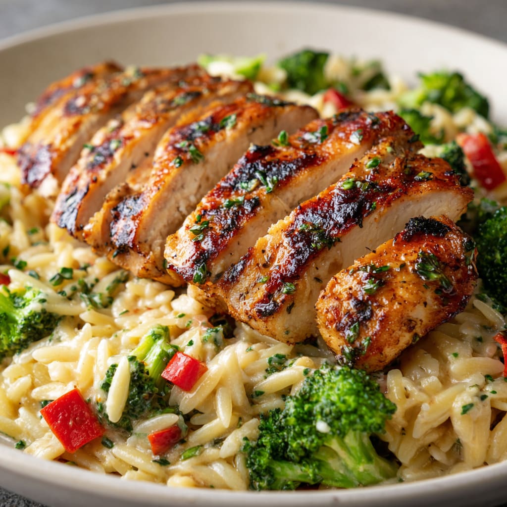 Herb Grilled Chicken with Creamy Broccoli Orzo