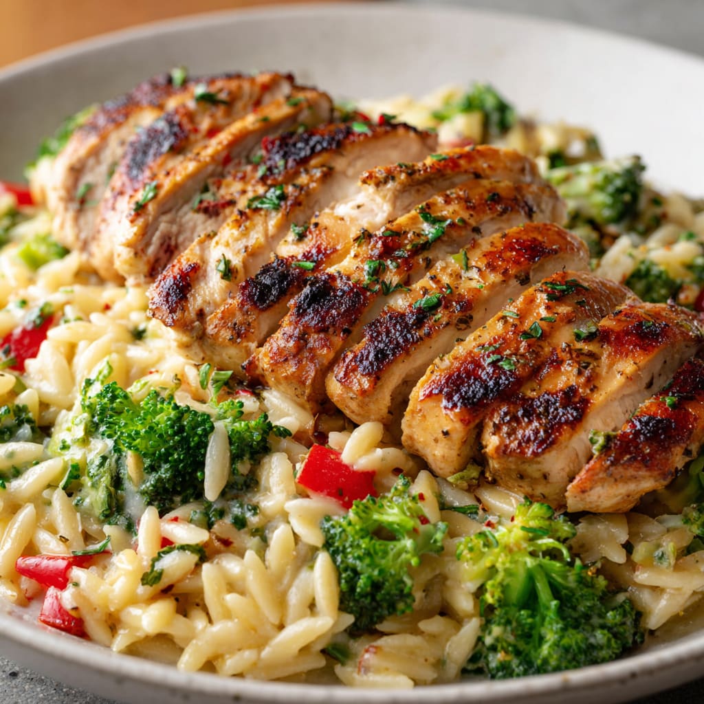 Herb Grilled Chicken with Creamy Broccoli Orzo