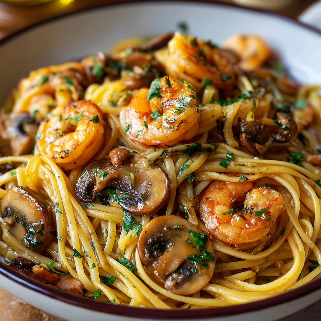 Mushroom Garlic Shrimp Pasta