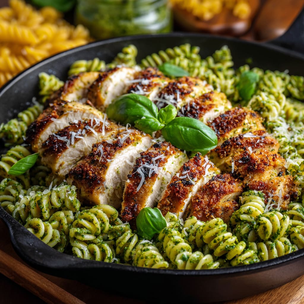 Pesto Pasta with Crispy Parmesan Chicken