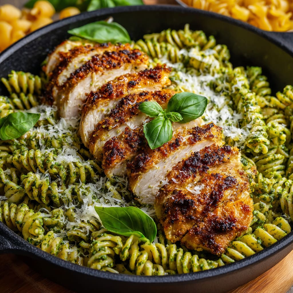 Pesto Pasta with Crispy Parmesan Chicken