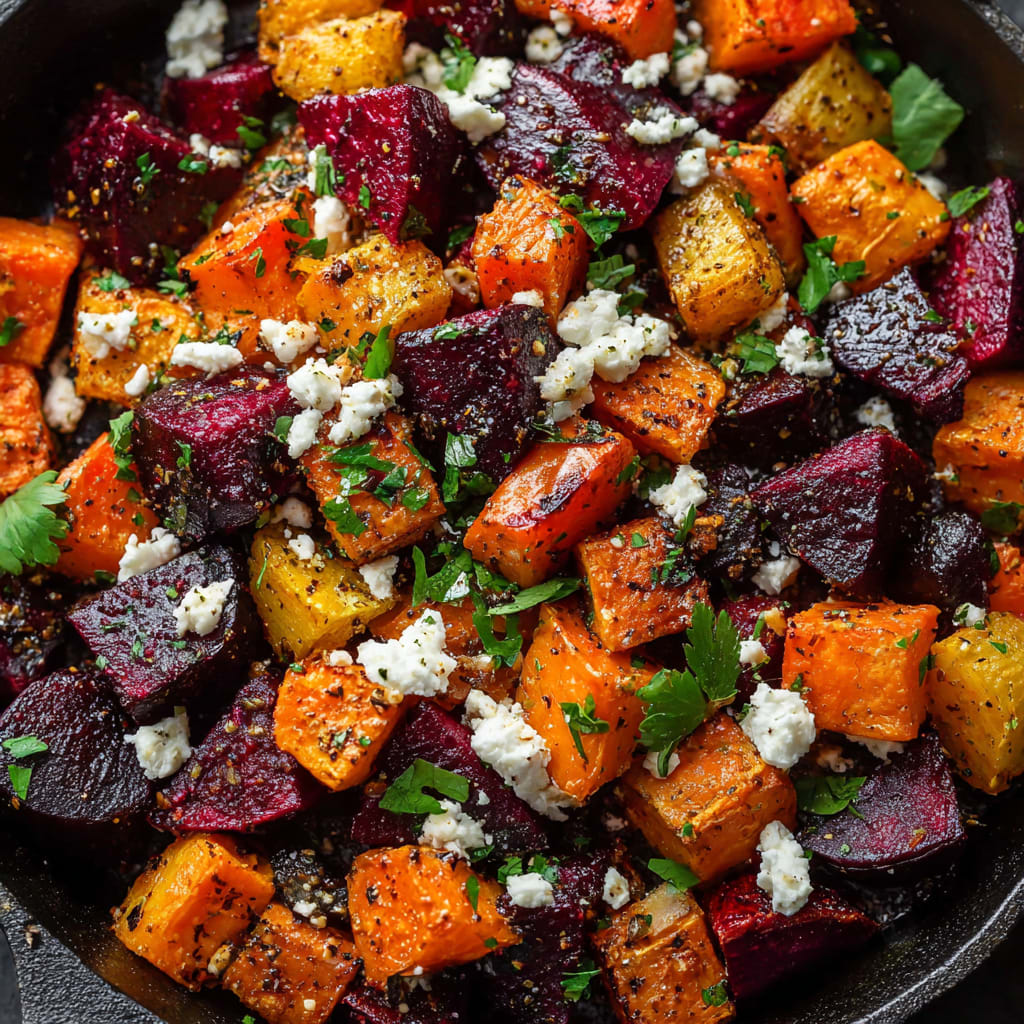 Roasted Beets and Sweet Potatoes with Feta and Cilantro