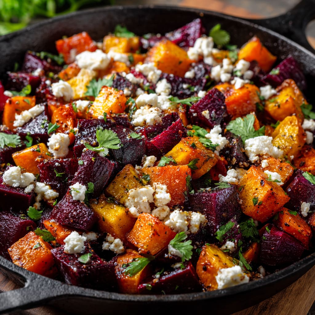 Roasted Beets and Sweet Potatoes with Feta and Cilantro