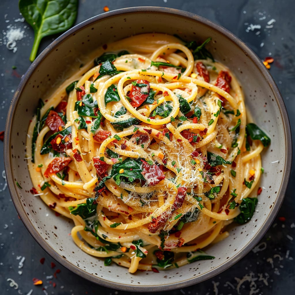 Spaghetti & Spinach with Sun-Dried Tomato Cream Sauce