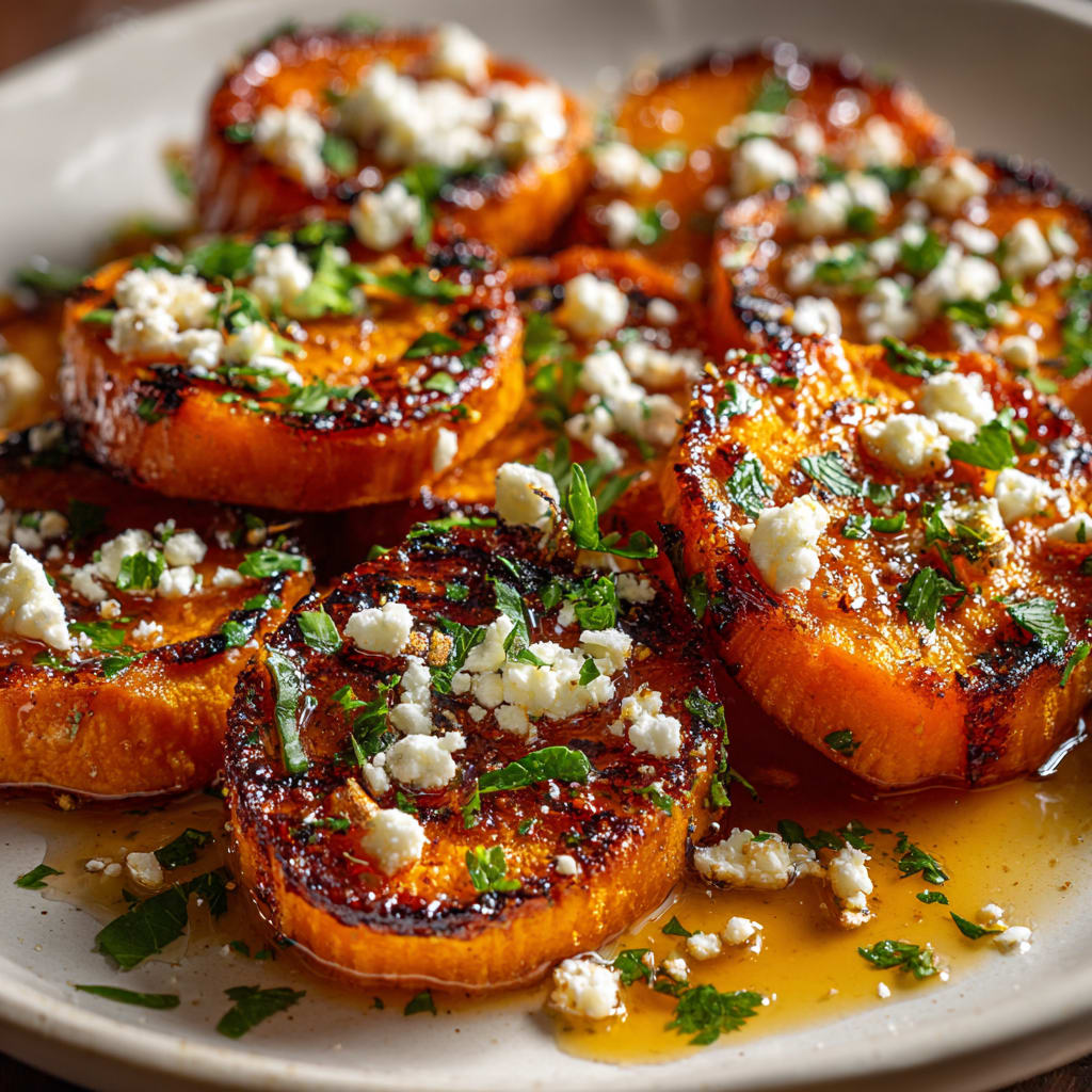 Roasted Sweet Potato Rounds with Honey and  Feta