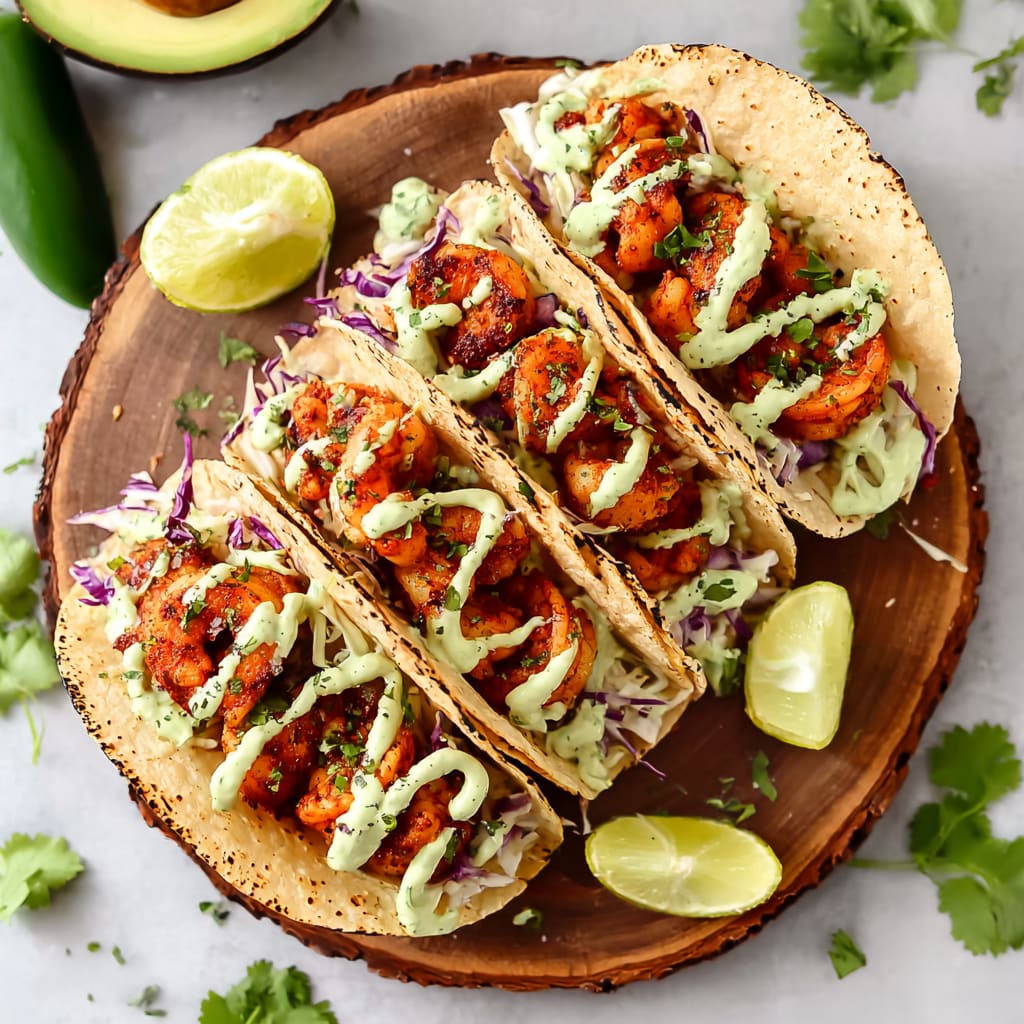 Spicy Shrimp Tacos with Avocado Crema