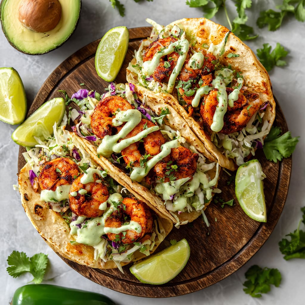 Spicy Shrimp Tacos with Avocado Crema