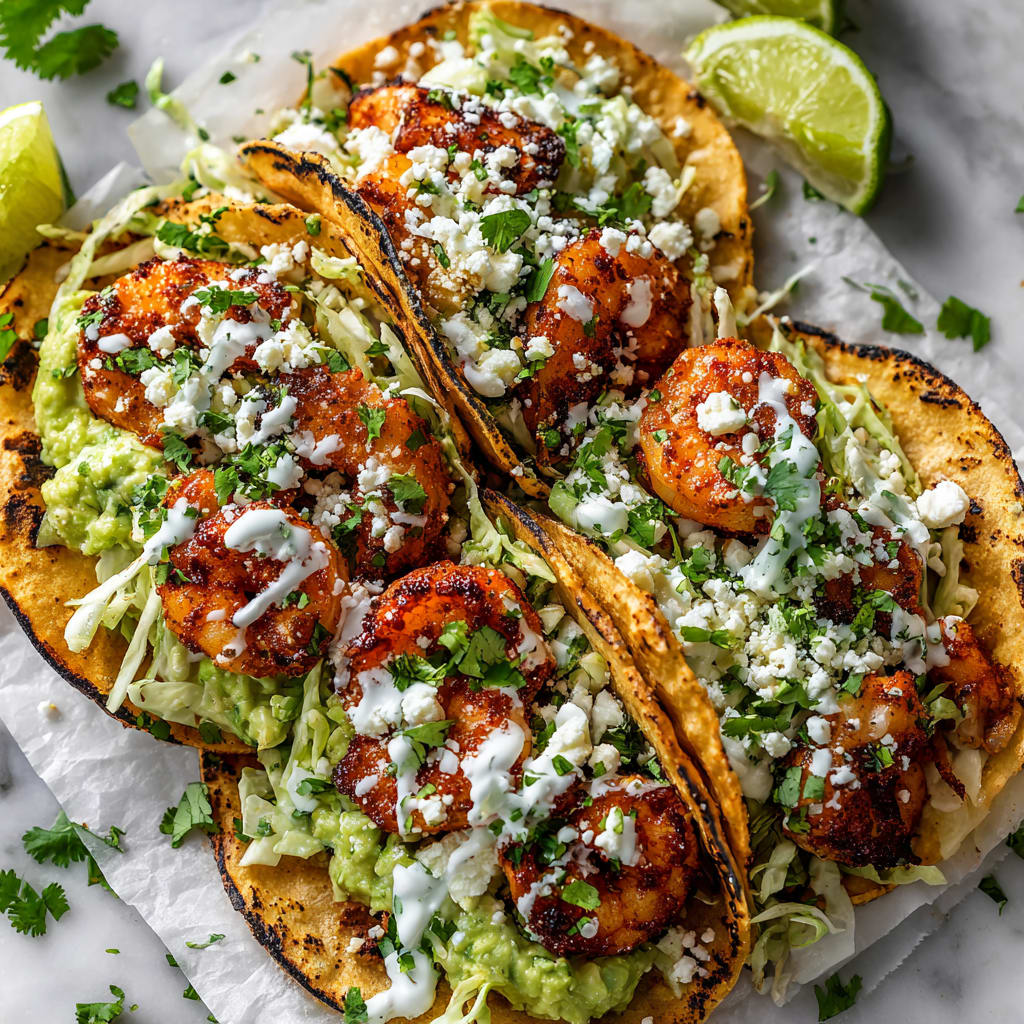Spicy Shrimp Tacos with Garlic Cilantro Lime Slaw